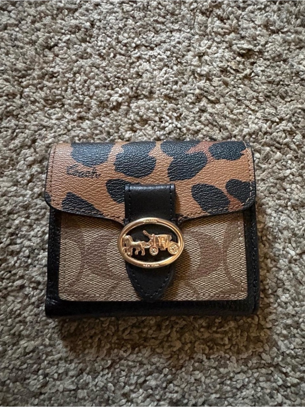 Coach Georgie Leopard-Print and Signature Canvas Small Wallet with Gold Hardware